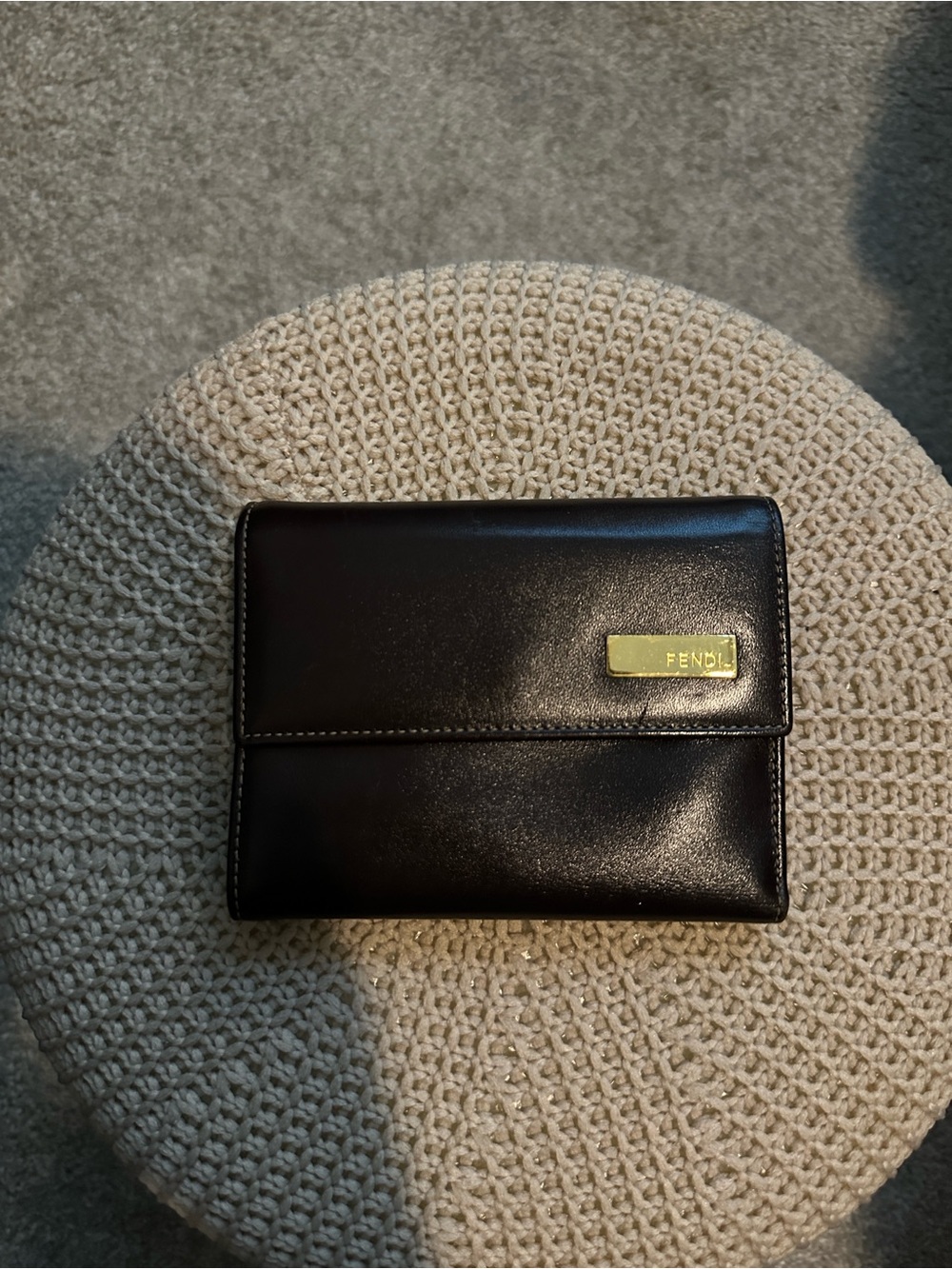 Vintage Fendi Leather Compact Wallet with Gold Logo Plate